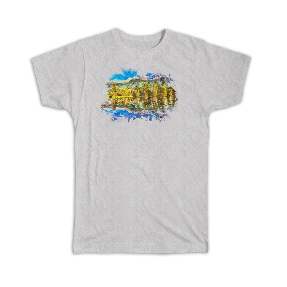 Gift T-Shirt : Watercolor Scenary Lake Trees Frame M