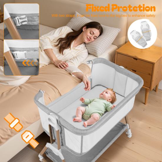 Height Adjustable Bedside Crib 3 In 1 Baby Bassinet Rocking Bassinet with Soft Mattress Wheels Bassinets 6 Adjustable Easy Folding Portable