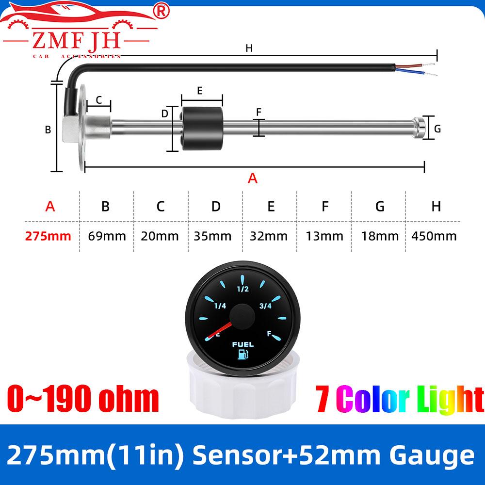 ZMFJH 0-190ohm Fuel Level Sensor 100~550MM 7 Color Backlight 52MM Fuel Level Gauge for Marine Boat Car Camper Oil Tank Meter
