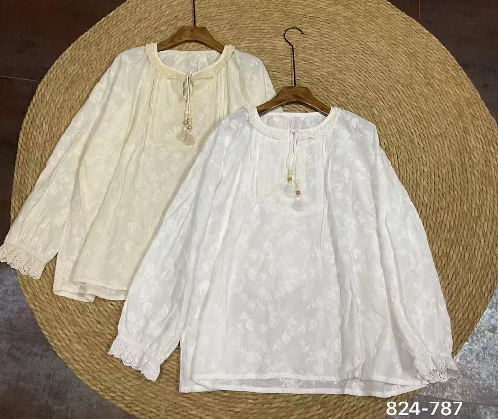 1116 Spring New Women's Top Shirt Loose Shirt Sweet Mori Women's T-Shirt Doll Shirt Embroidery Literature and Art
