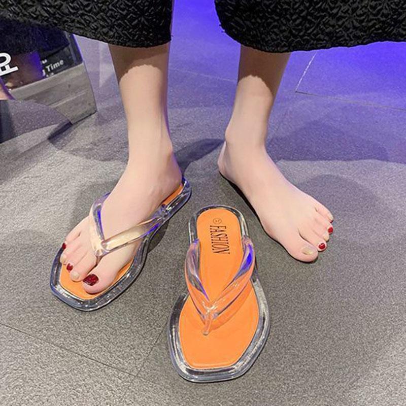 Women's Flip Flops Summer Square Toe Flat Beach Slippers for Women PVC Transparent Indoor Casual Female Back Jelly Slides Shoes