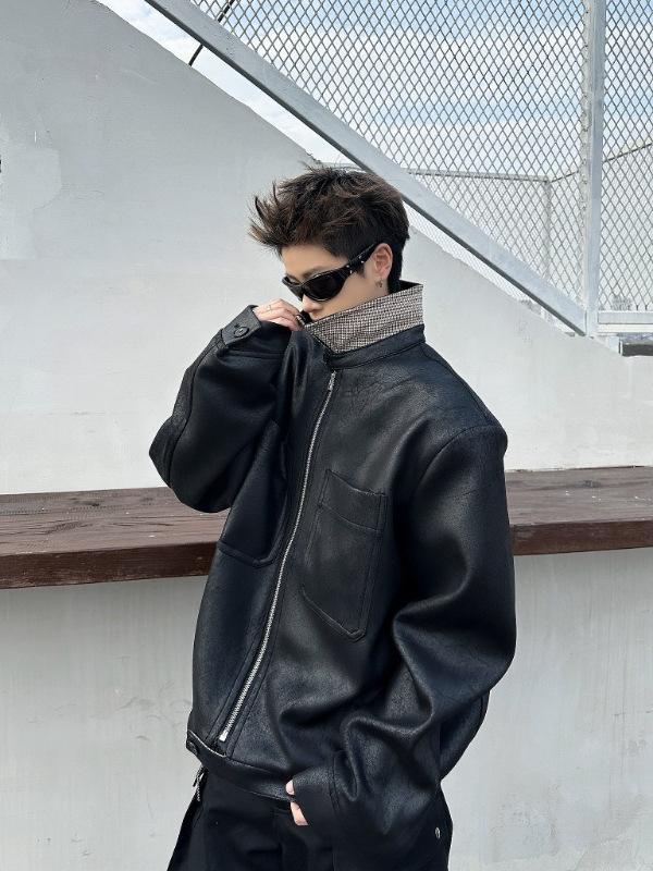 Men's High Street Trendy PU Leather Plaid Jacket - Autumn/Winter Short Casual Style