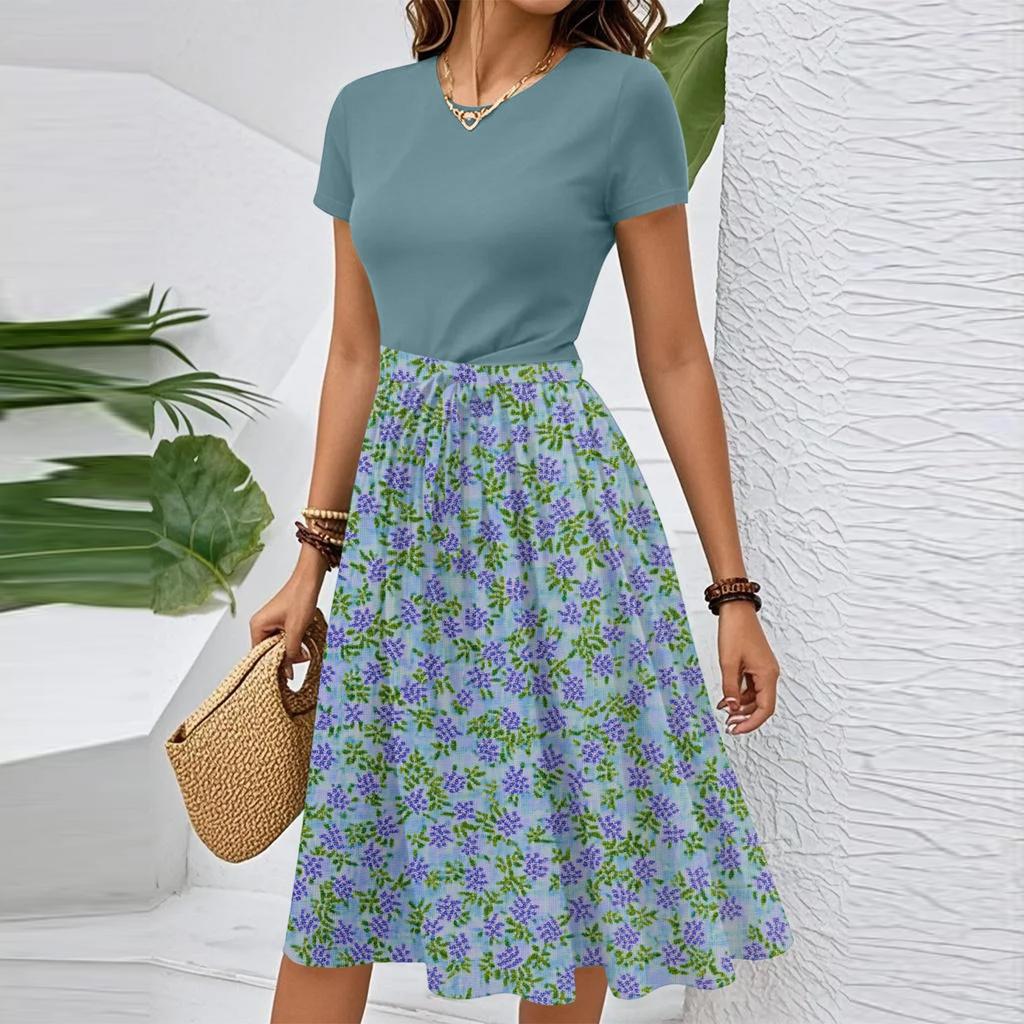 Women's Casual Fashion Belted Floral Print Short Sleeve Round Neck Elegant Dress