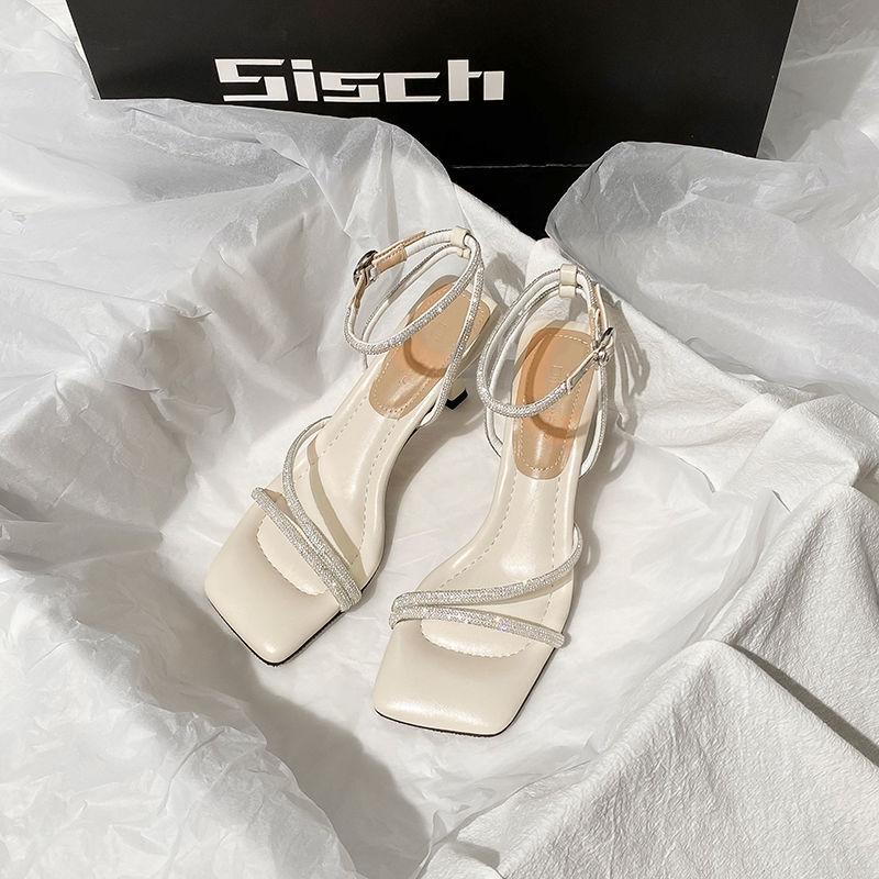 One-word high-heeled sandals with rhinestones for women to wear outside in the summer of 2025, and square-headed high-heeled shoes for women are 