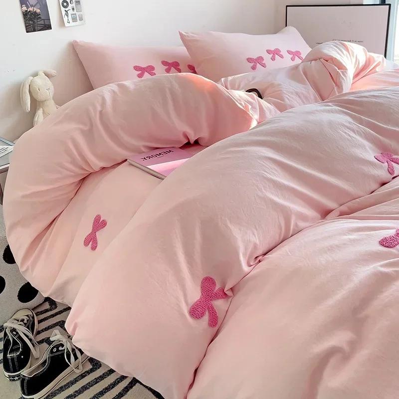 Růžový 3D vyšívaný set přikrývky s mašlí, Bavlněné růžové pohodlné měkké ložní prádlo, Vhodné pro ložní prádlo do pokoje pro dívky, děti a teenagery