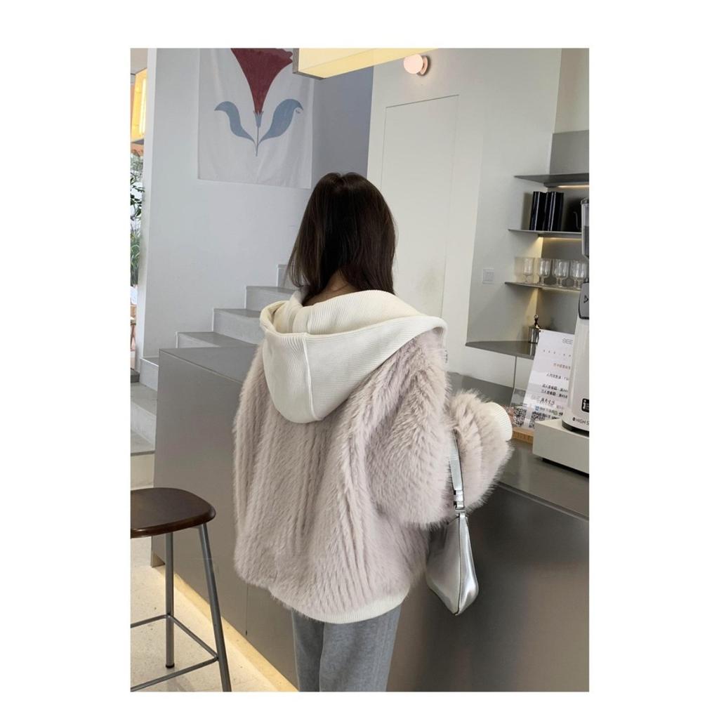 VAYLA Spring Winter Hairy Shaggy Soft Thick Warm Faux Fur Coat Women with Hood Fluffy Jacket Fake 2 Piece Clothes