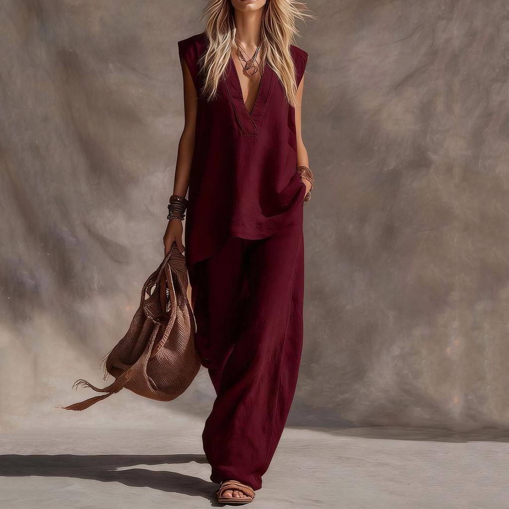 Women's Casual Sleeveless Vest V-neck Top And Pants Set