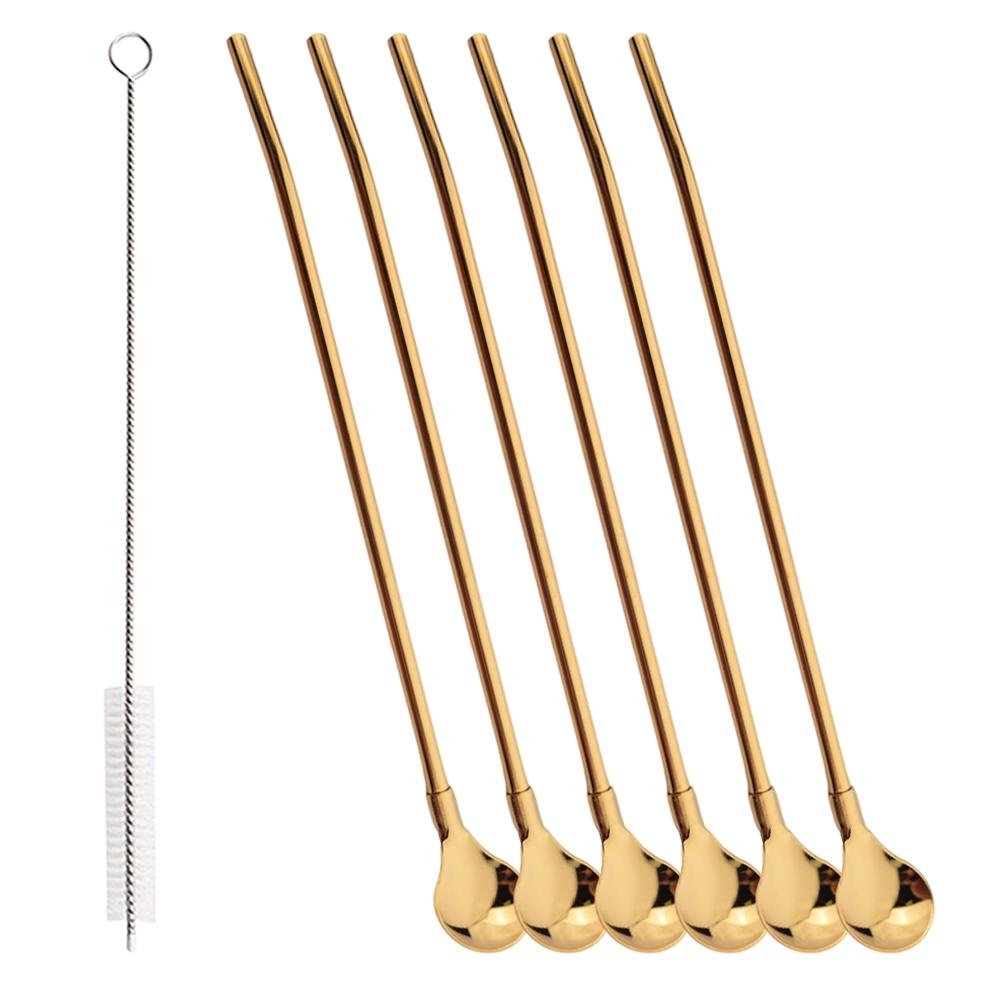 7Pcs Milkshakes Cocktails Coffee Juice Straw Set 2-in-1 Stainless Steel Straw Spoon Set Reusable Drinking Straws Bar Accessories