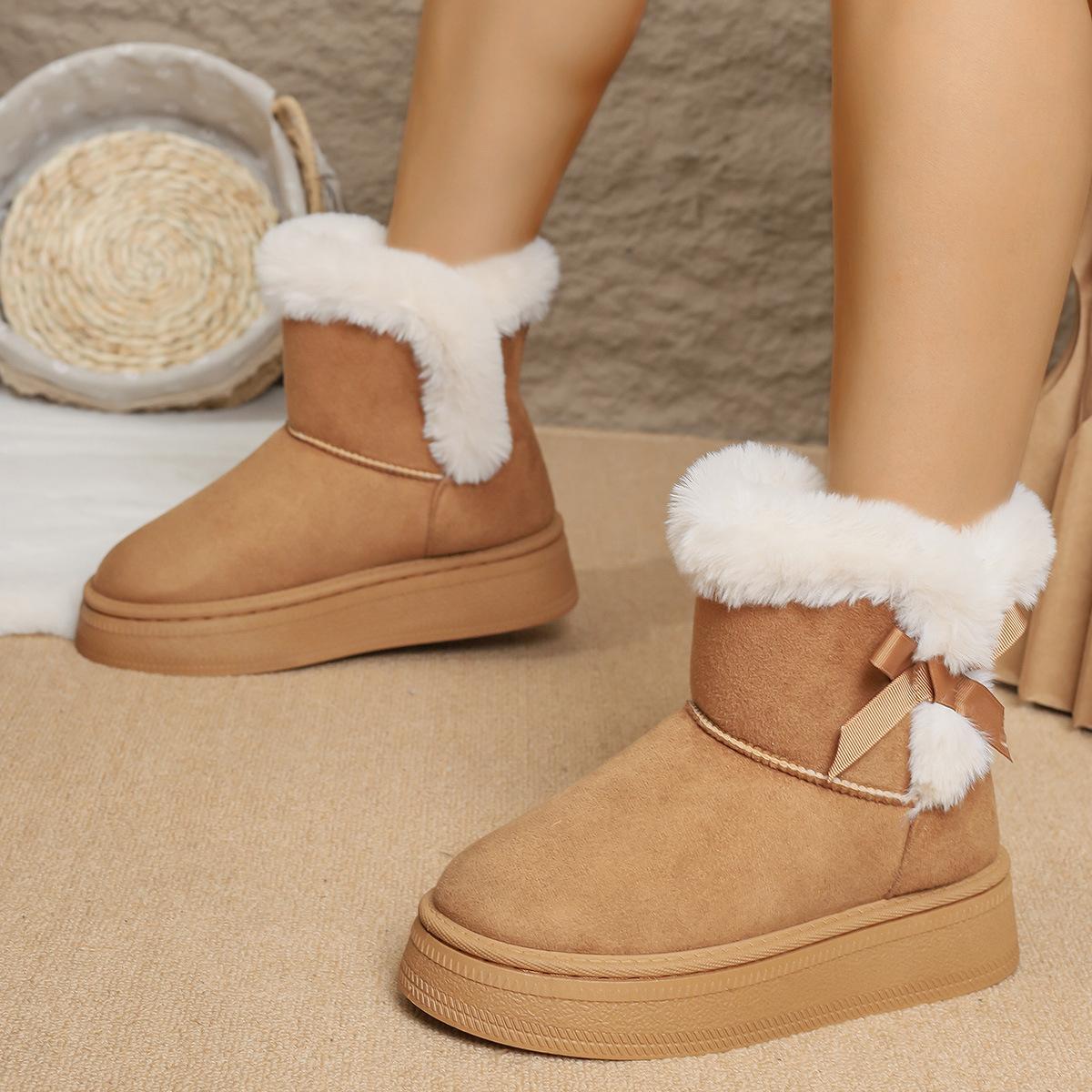 

2025 новые внешнеторговые зимние сапоги женские с меховым бантом большого размера повседневные женские короткие ботинки на платформе хлопковая обувь женская 44 верблюд