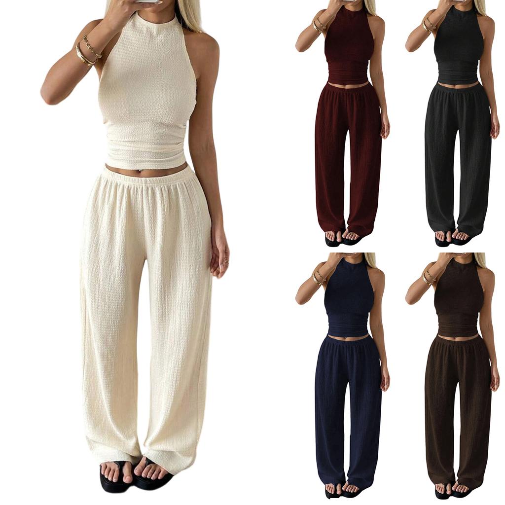 Women’s Two Piece Set Sleeveless Halter Neck Top and Wide Leg Long Pants Casual Relaxed Fit Outfit for Daily Wear