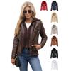 Women Autumn Hooded PU Leather Jacket Long Sleeve Zipper Motorcycle Jacket  Winter Outwear Coats