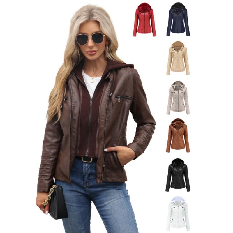 Women Autumn Hooded PU Leather Jacket Long Sleeve Zipper Motorcycle Jacket  Winter Outwear Coats