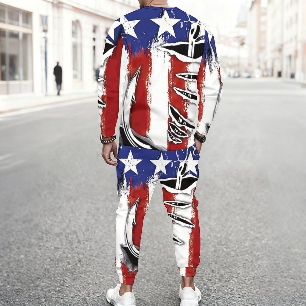 Men Torn Ripped Effect American Flag Star Print Long Sleeve Sweatshirt And Jogger Pants Two Piece Outfit