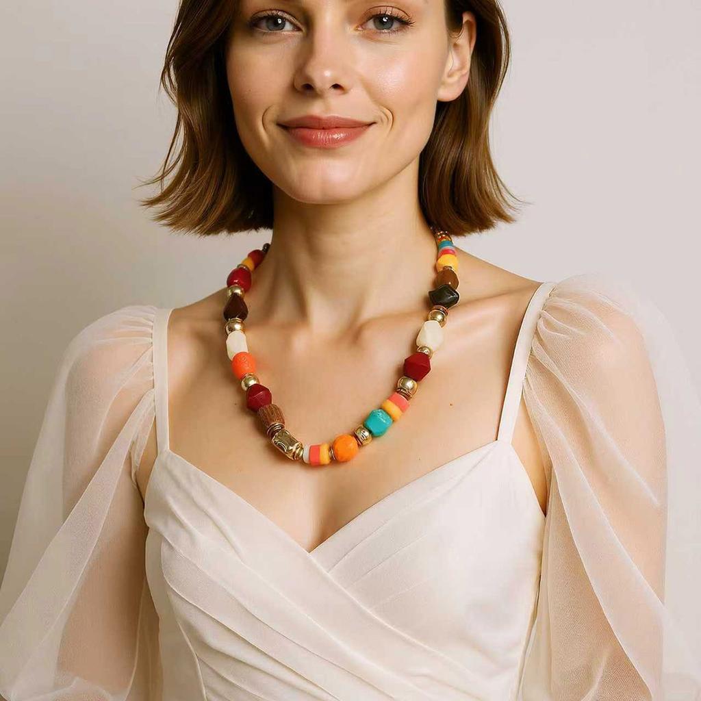 European and American Simple Fashion Kaleidoscope Tether Necklace String Geometric Wood Beads CCB Pumpkin Slice Color Women's Necklace