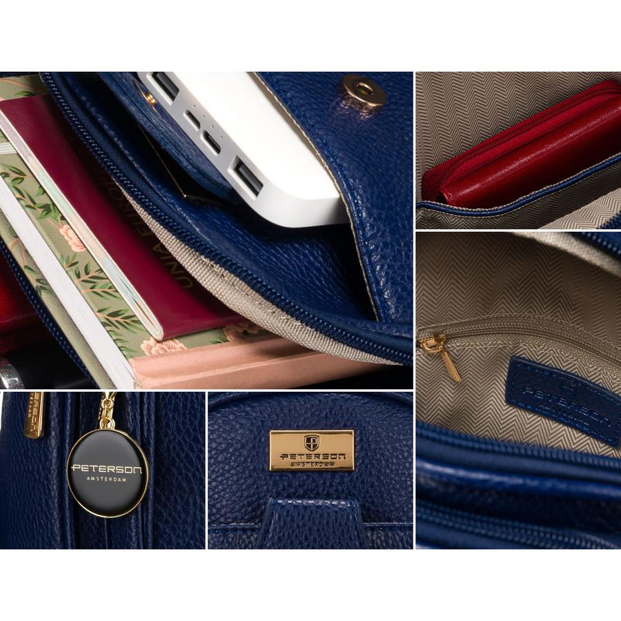 Mała miejska saszetka damska na ramię lub przez ramię crossbody granatowa ze złotymi okuciami eko skóra Peterson