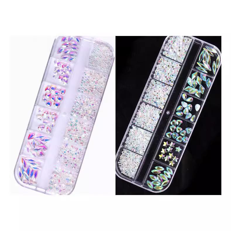 12 Grid Box Nail Art Rhinestone Flat Bottom Nail Art Special-Shaped Diamond Mixed Small Round Diamond Diy Nail Art Jewelry
