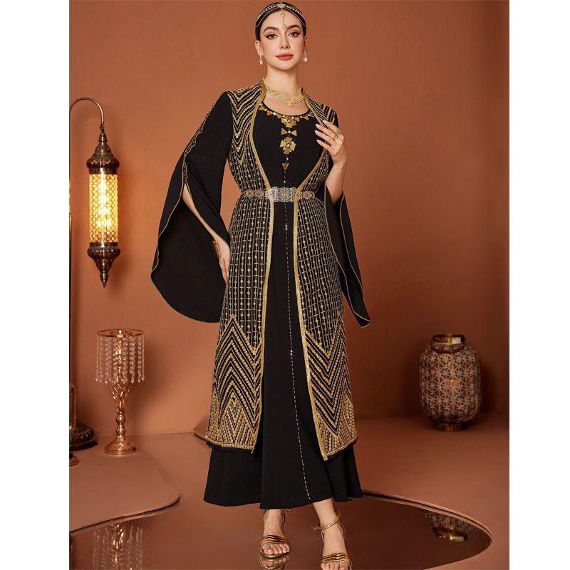 

Арабский Ретро Золотая Вышивка Черное Платье-Халат из Искусственной Двойки Большого Размера Индонезийское Платье с Открытыми Рукавами Платье Black 2XL