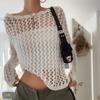 Damen T-Shirts Y2k Vintage Gestrickt Strand Überwürfe Ausgeschnitten Einfarbig Langarm O-Ausschnitt Durchsichtig Oversized