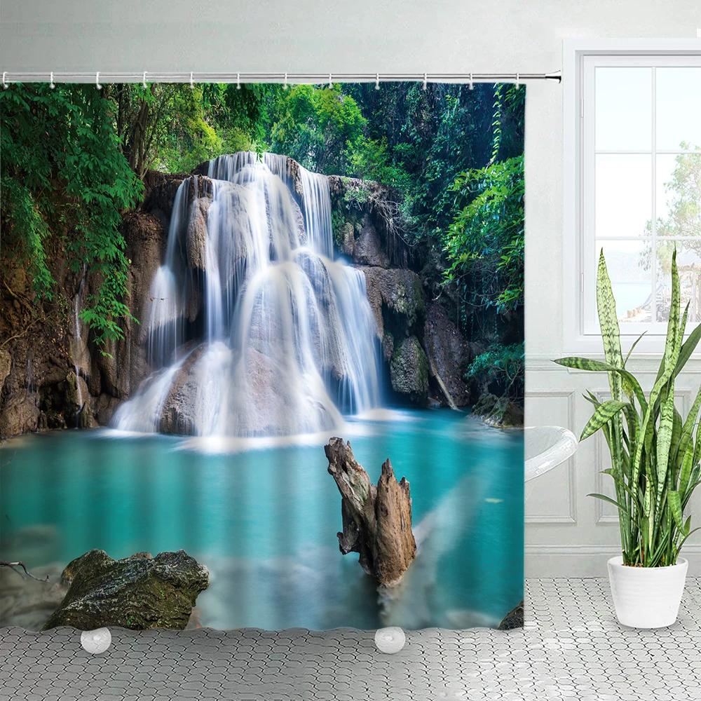 Wodospad Zasłony Łazienkowe Wiosenny Las Park Zasłona Prysznicowa Zielony Bambus Natura Krajobraz Wodoodporna Tkanina Dekoracja Domowa Wanna