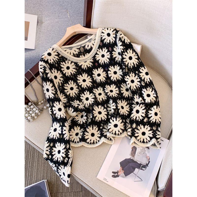 Women Clothing Chubby Girl Spring and Summer New Round Neck French Style Hollow Perspective Long Sleeve Knit Cover Up Sweater Sun Protection Shirt