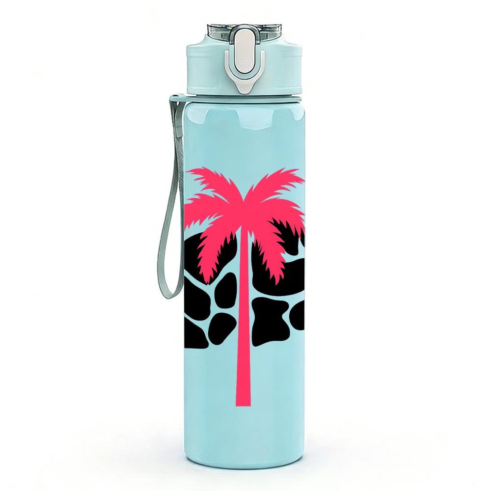 1PC Palm Tree Cow Pattern 750ml Color Plastic Sports Water Bottle Leakproof Flip Straw Lid Suitable for Sports Office Home Use