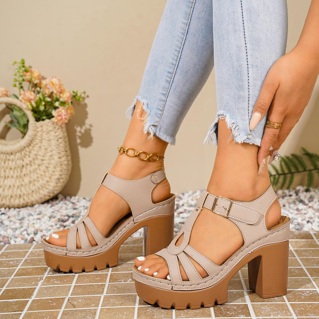 Ethnic Style Roman Car Line Sandals Summer T-heels With Casual European And American Thick Heels Women's High Heels