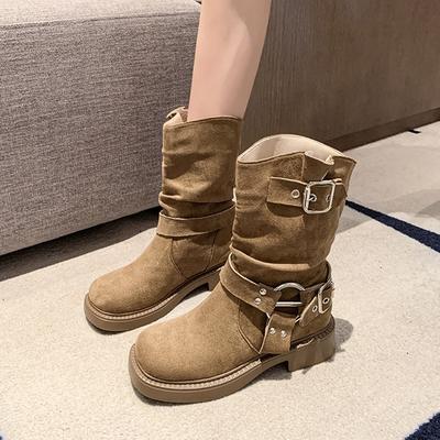 Thick-soled Medium Tube Martin Boots Women's 2025 New Retro Slim Pile Boots Autumn and Winter Maillard Western Cowboy Boots