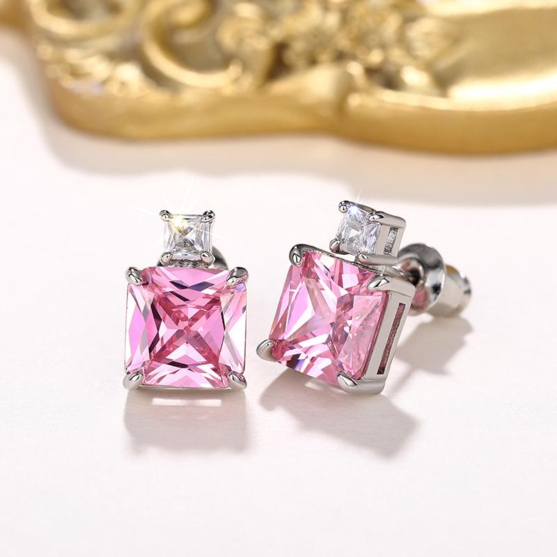 Luxury Princess CZ Stud Earrings for Women Yellow/Pink Cubic Zircon Colored Temperament Ear Piercing Accessories Jewelry