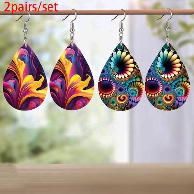 Leichte Mode Tropfenförmige PU-Leder Ohrringe Abstrakt Bunte Kaleidoskop Muster Ohrringe Trendige Damenohrringe