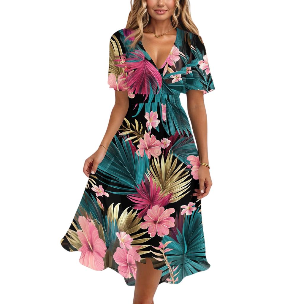 Women's Fashion Casual V Neck Short Sleeve Ruffled Vintage Printed Dresses
