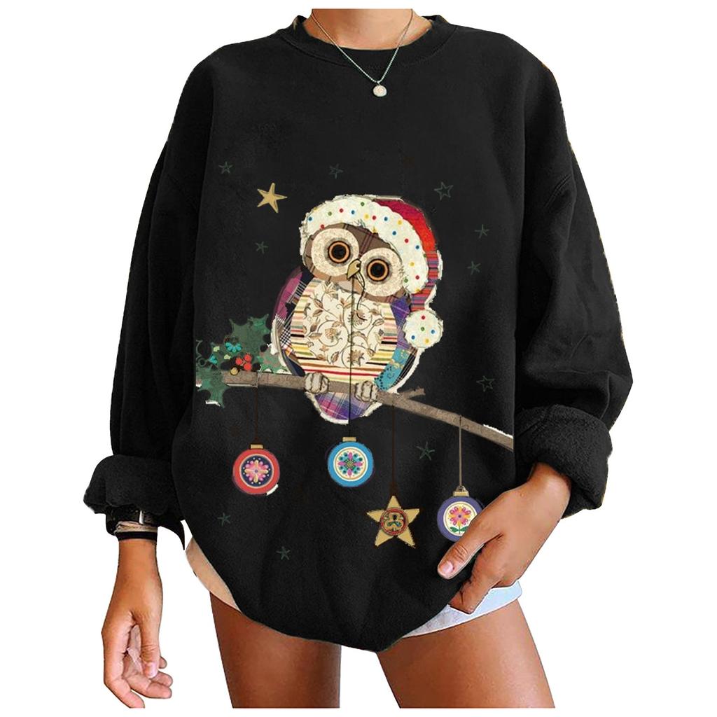 Women's Fashion Casual Christmas Print Round Neck Sweater Loose Sports Tops Pullover