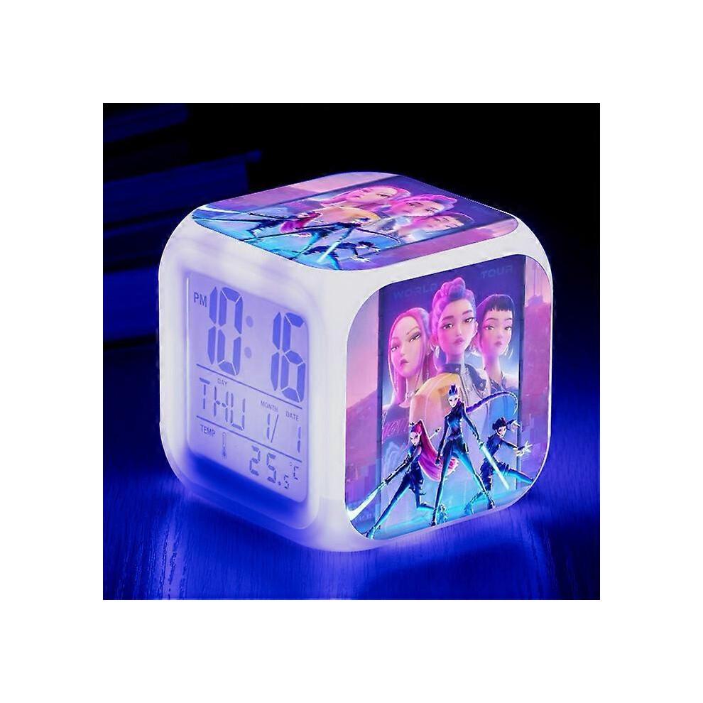 (1)KPop Demon Hunters Alarm Clock Anime Peripheral LED Cube with Colorful Light Display Time Children Desktop Decor Digital Clock