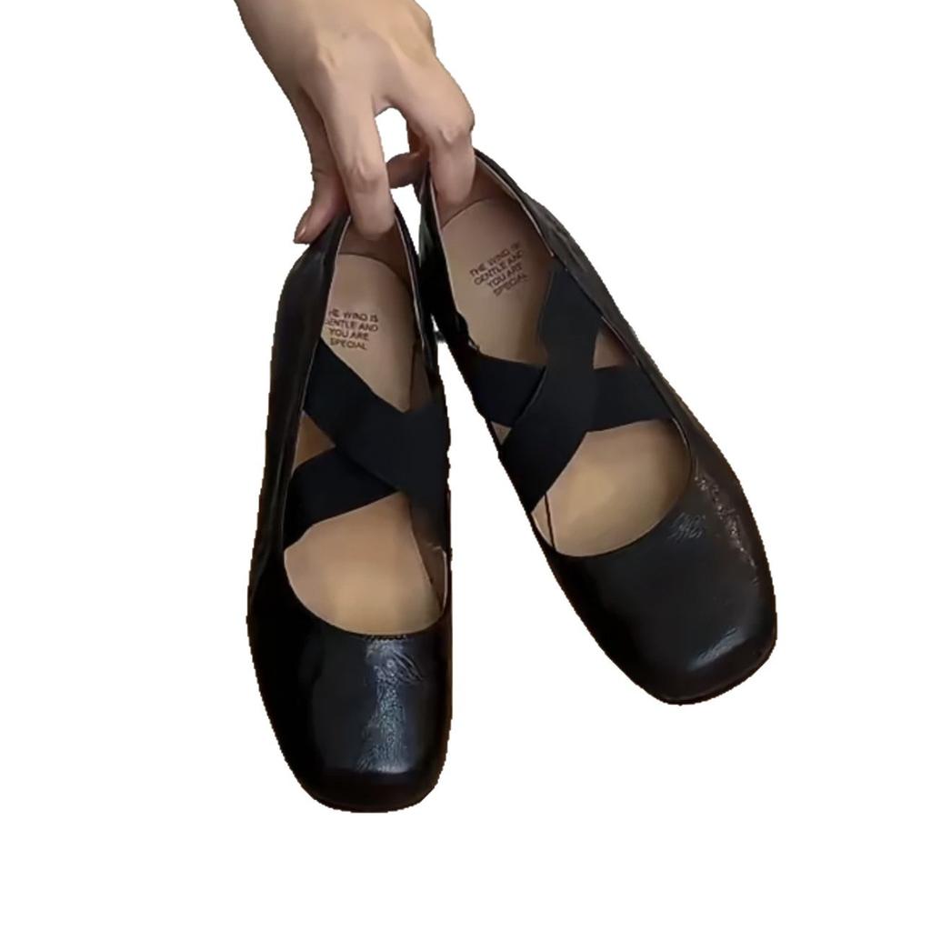 Schafleder~ Mary Jane Einzelne Schuhe Herbst und Winter Retro Kreuzriemen Quadratische Zehenpartie Bequemer dicker Absatz Hoher Absatz Schweinenase Ballerinas