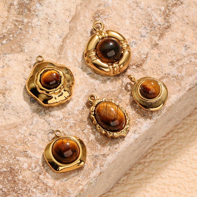 Irregular 3D Tiger's Eye 18K Gold Plated Stainless Steel Pendant Necklace.