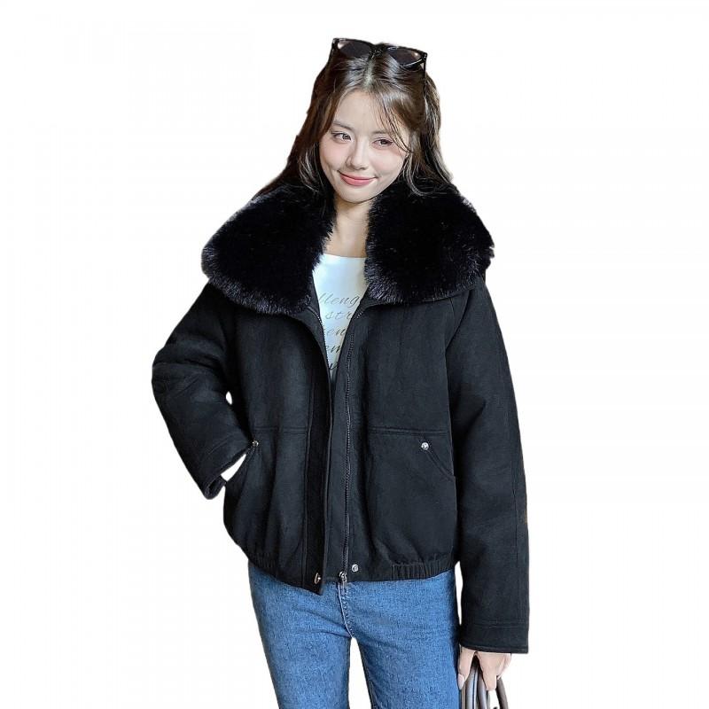 Womens Short Puffer Coat With Detachable Faux Fur Collar Warm Cotton-Padded Jacket Winter