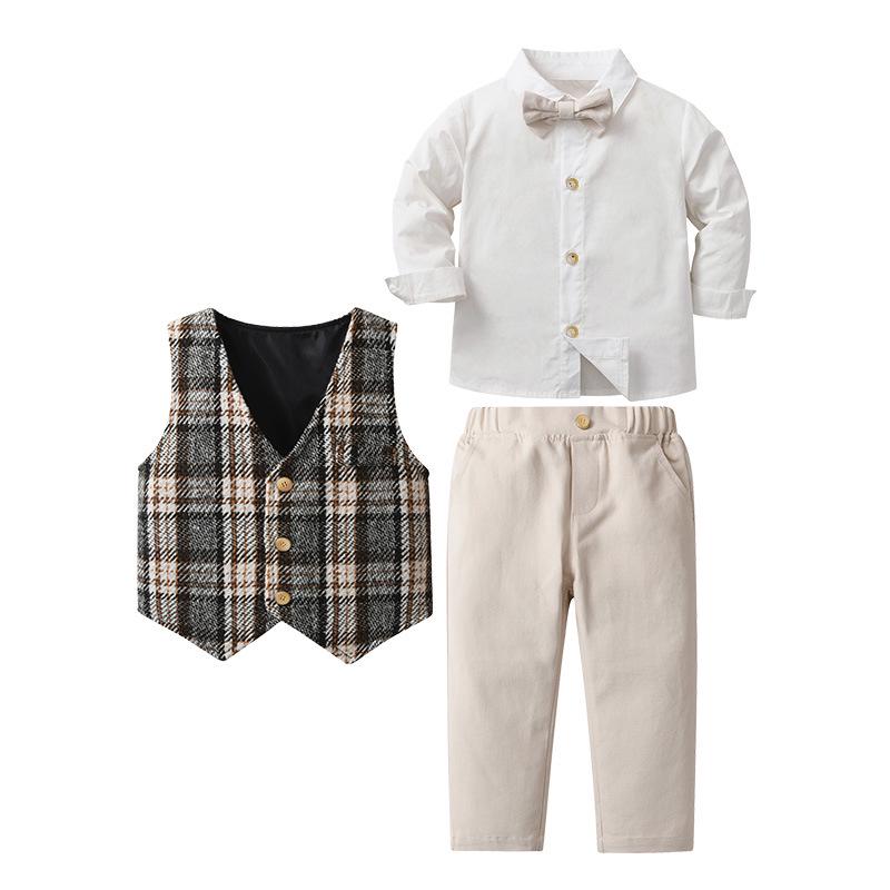 Children s British Plaid Vest Three-Piece Set - Boys  Spring & Autumn Outfit Size 140 / 6-7 years серый
