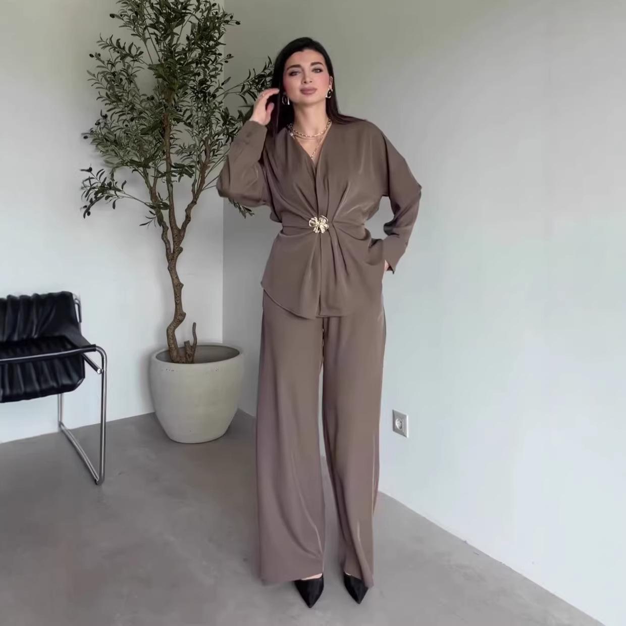 

European & American Women s Long Sleeve Waist-cinching Solid Color Casual Wide-leg Pants Set (2026) L верблюд