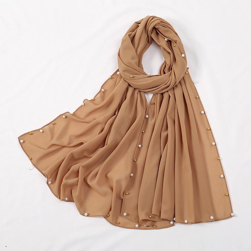 Hot-selling popular chiffon long towel plus small pearl women's gold and silver pearl headscarf