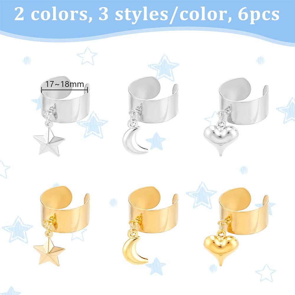 304 Stainless Steel Open Cuff Rings, with Star & Moon & Heart Pendant, Mixed Color, Adjustable, 6pcs/set