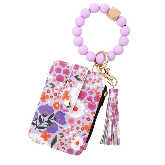 

Женский кошелек-кошелек с запястьем, держатель карт в стиле бохо, кошелек с цветочным принтом, бисерный брелок с кисточкой для ежедневных выходов в отпуск светло-фиолетовый