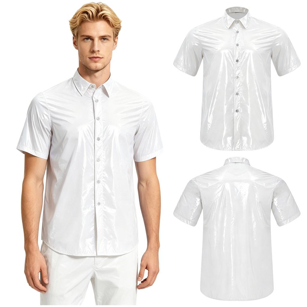 Men‘s Waterproof Button Front Shirt Short Sleeve Wet Look T-Shirt for Rainy Days Beach Club Camping Fishing