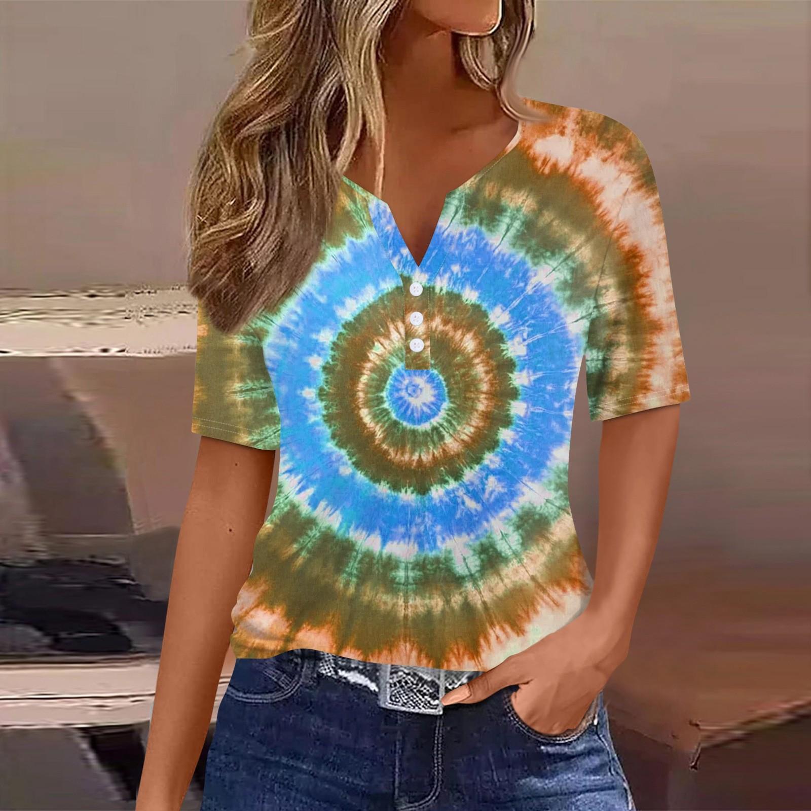 

Женская футболка с принтом на пуговицах, короткий рукав, туника, повседневная мода на выходные, базовый топ с V-образным вырезом XL