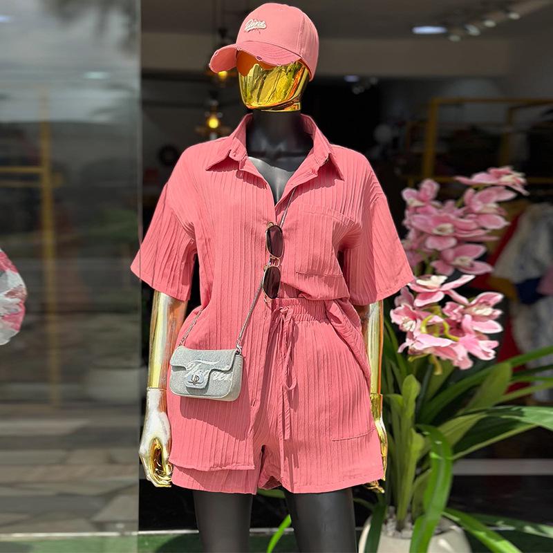 

2026 Spring Fashion Women s Lapel Solid Color Shirt with Tie and Wide-Leg Shorts Set 2XL розовый