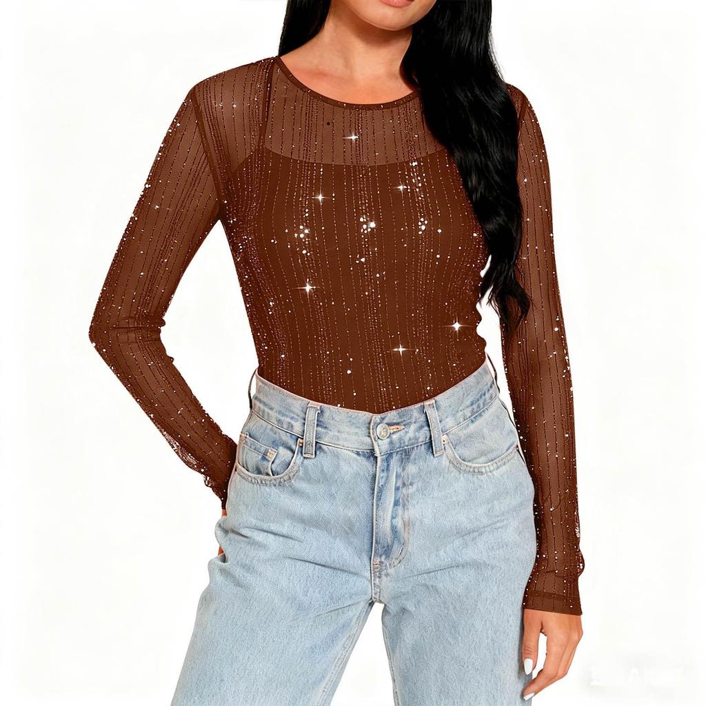 Women's High-Neck Sequin Long Sleeve Top - Spring/Autumn 2026, Stylish & Transparent Inner Layer