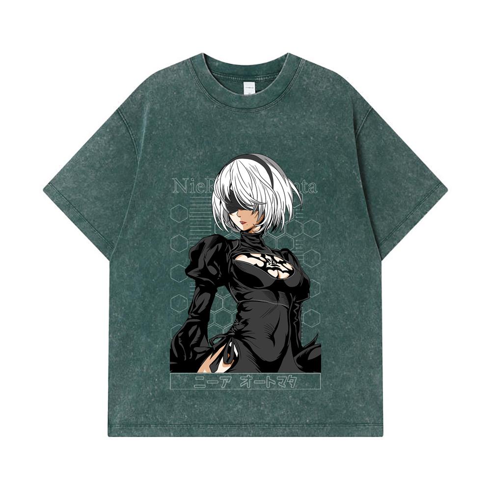 275 GSM Washed T-shirts 100% Cotton NieR Automata V2 2B Print Unisex Heavy Cotton T Shirt