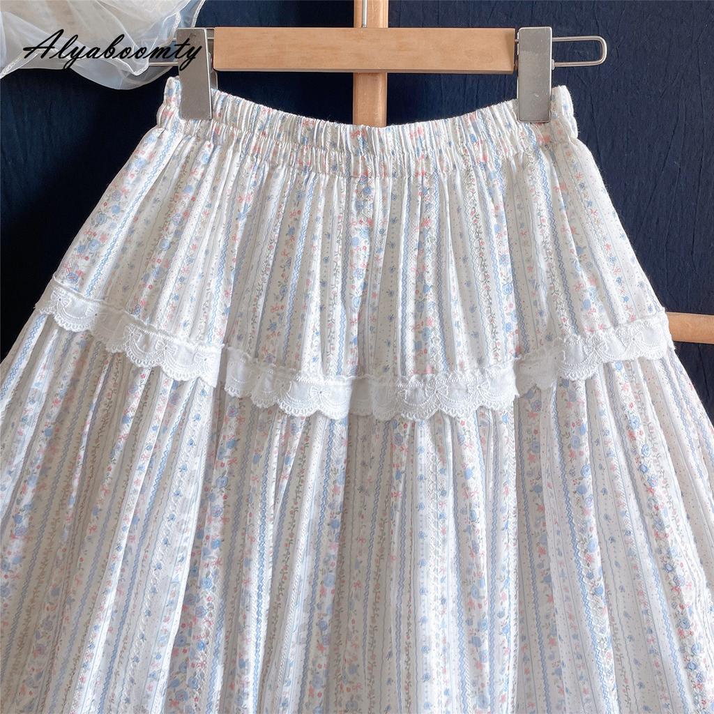 Japanischer Mori Girl Frühling Sommer Damen A-Linien-Rock Hohe Taille Süßer Blumenspitzen-Rüschen-Patchwork-Rock Eleganter Femininer Damenrock