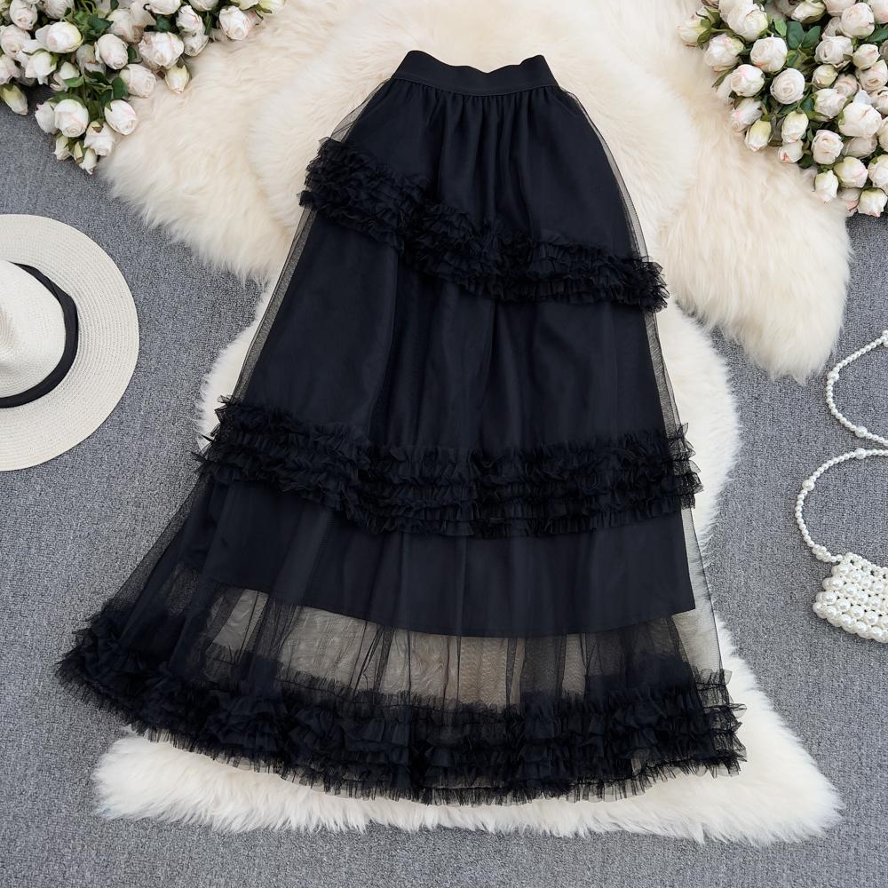 Summer High-Waisted Slim Multi-Layer Ruffled Tutu Skirt Mid-Length Over-The-Knee Elastic Waist Mesh Skirt Women