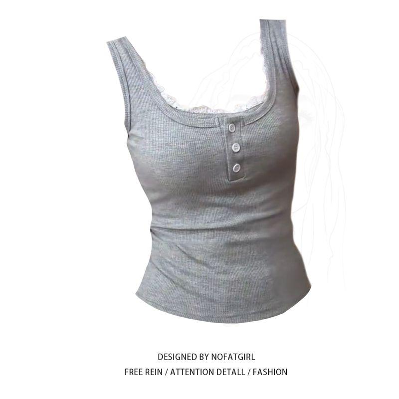 

Plus size Fat Sister Gray Lace Fake Two Pieces I-Shaped Vest Women Summer Slim fit Slimming Gyaru Top Fashion Gray Vest XL
