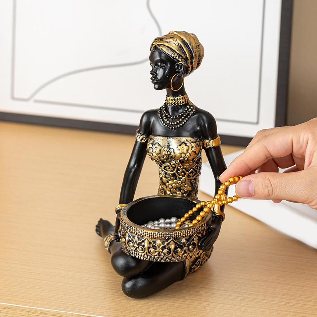Afrikaanse Vrouwen Beeldjes Hars Opbergbakje Organizer Afrikaanse Beeldhouwwerk Sieraden Ringhouder Sleutelbakje voor Huis Kantoor Tafel Decoratie