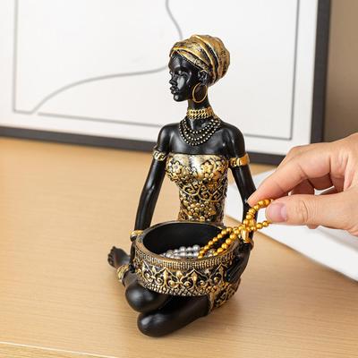 African Woman Figurines Resin Storage Tray Organizer African Sculpture Jewelry Ring Holder Key Dish for Home Office Table Decor